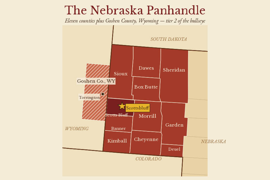 Zoomed map of the 11 Nebraska Panhandle counties: Sioux, Dawes, Sheridan, Box Butte, Scotts Bluff, Morrill, Garden, Banner, Kimball, Cheyenne and Deuel, with Scottsbluff starred and Goshen County, Wyoming, including Torrington, hatched.